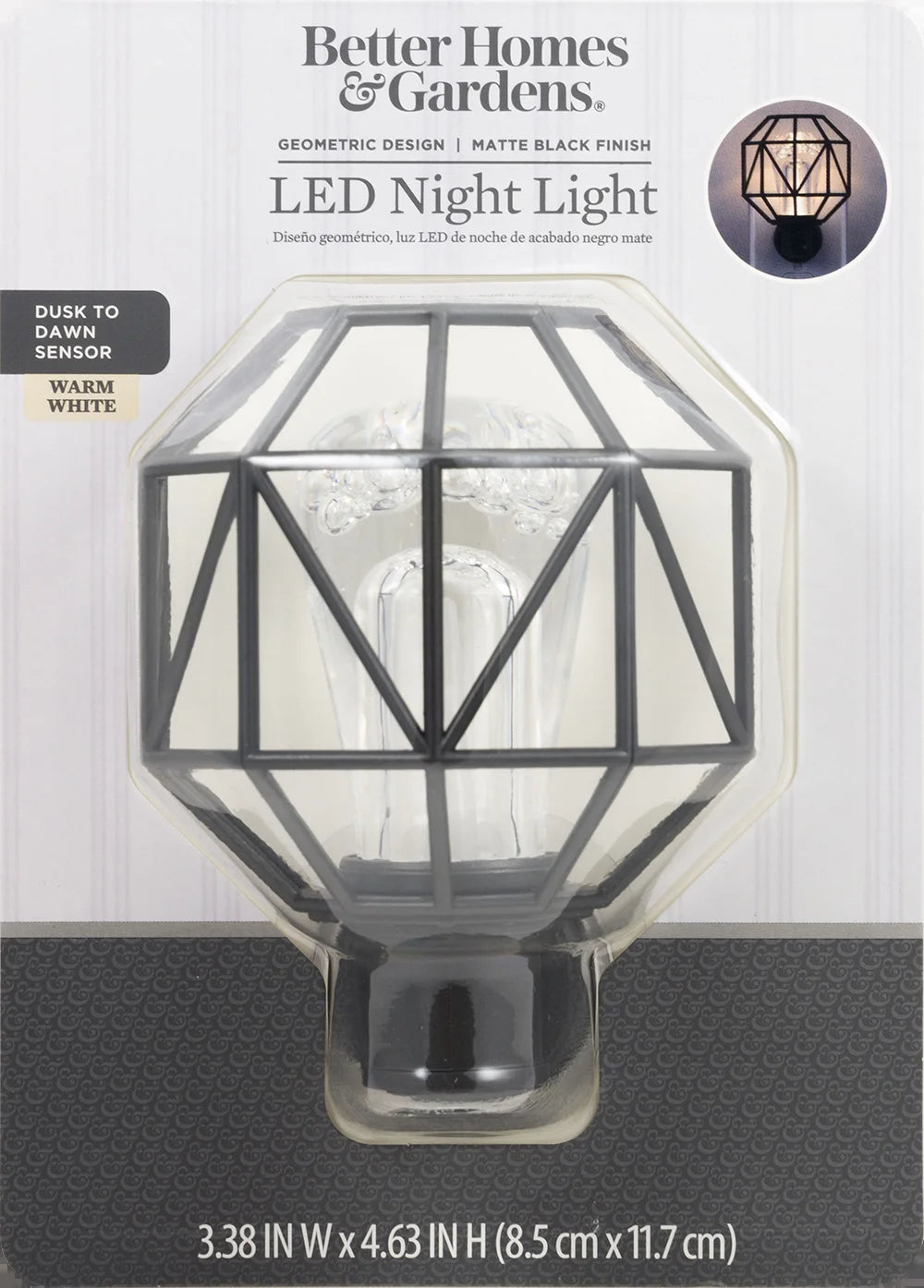 LED Night Light, Geometric Design, Light Sensing, 5 In, Matte Black