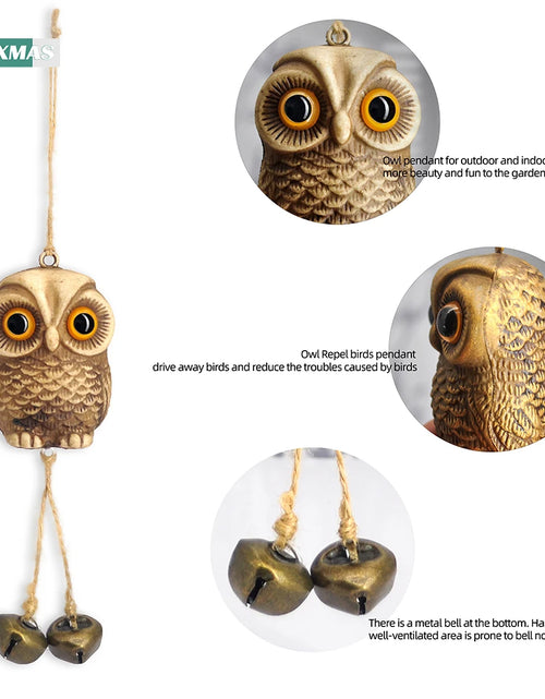 Load image into Gallery viewer, Garden Decor Owl Pendant Statue Scarecrow Fake Animals Bird Repellent Hanging Metal Bells Lawn Courtyard Balcony Wind Chime Home
