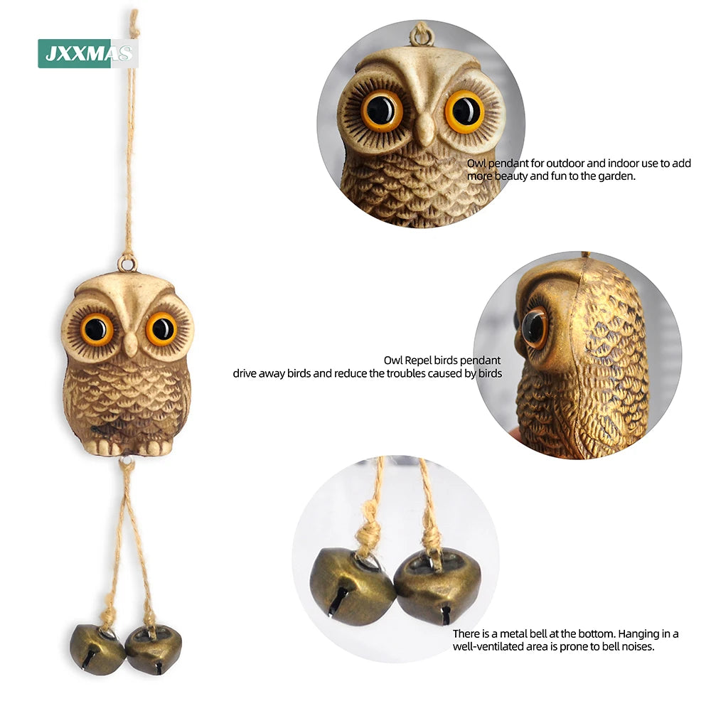 Garden Decor Owl Pendant Statue Scarecrow Fake Animals Bird Repellent Hanging Metal Bells Lawn Courtyard Balcony Wind Chime Home