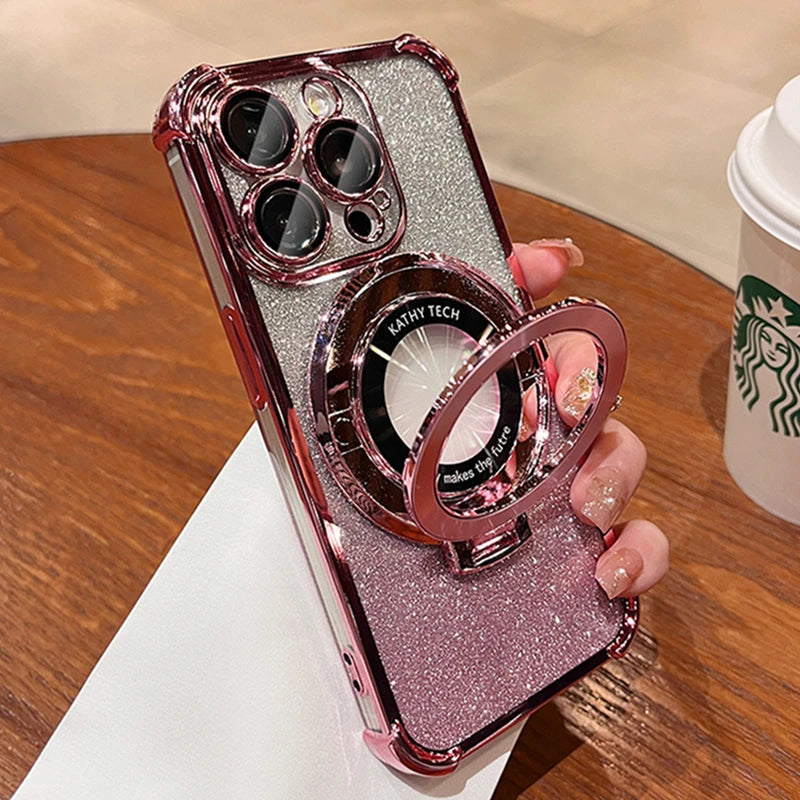 Luxury Plating Magsafe Magnetic Holder Stand Phone Case For iPhone 11 12 13 14 15 16 Pro Max Bumper Protector On 15 Plus Cover