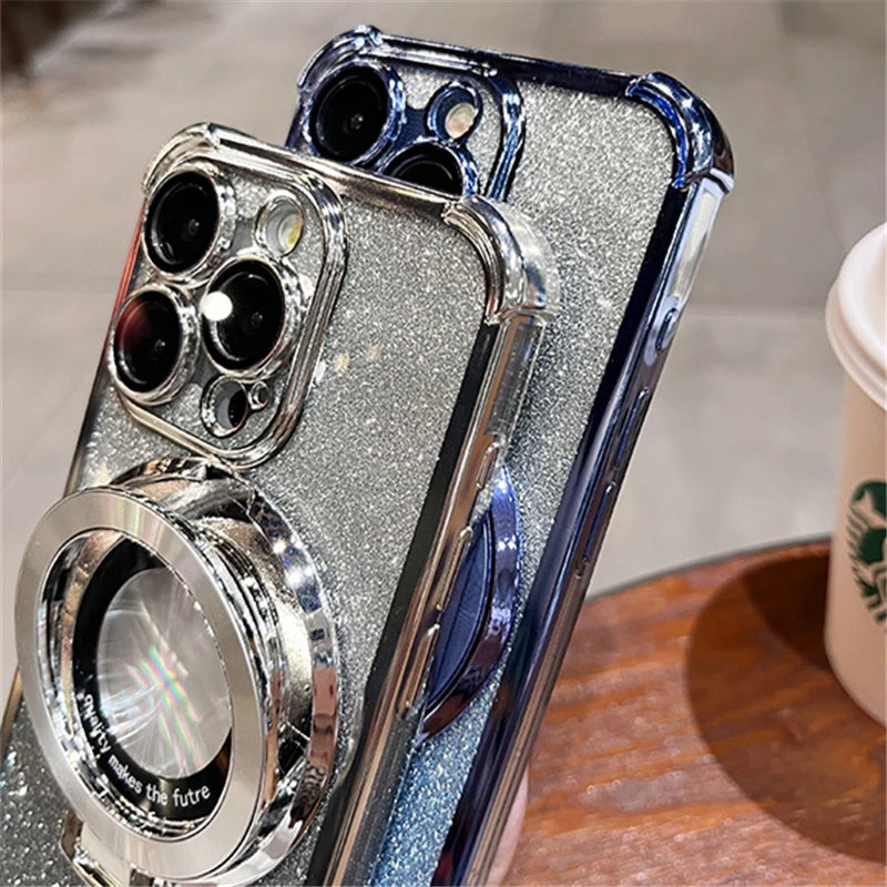 Luxury Plating Magsafe Magnetic Holder Stand Phone Case For iPhone 11 12 13 14 15 16 Pro Max Bumper Protector On 15 Plus Cover