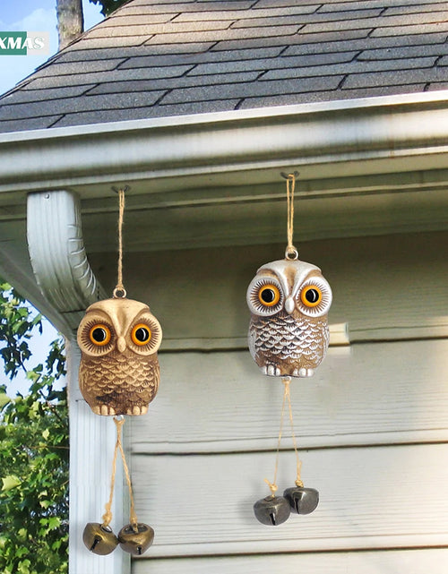 Load image into Gallery viewer, Garden Decor Owl Pendant Statue Scarecrow Fake Animals Bird Repellent Hanging Metal Bells Lawn Courtyard Balcony Wind Chime Home
