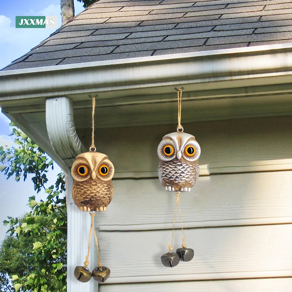 Garden Decor Owl Pendant Statue Scarecrow Fake Animals Bird Repellent Hanging Metal Bells Lawn Courtyard Balcony Wind Chime Home