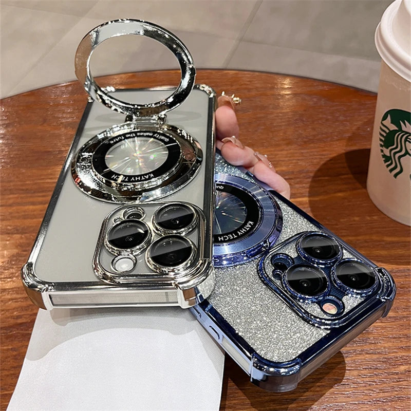 Luxury Plating Magsafe Magnetic Holder Stand Phone Case For iPhone 11 12 13 14 15 16 Pro Max Bumper Protector On 15 Plus Cover