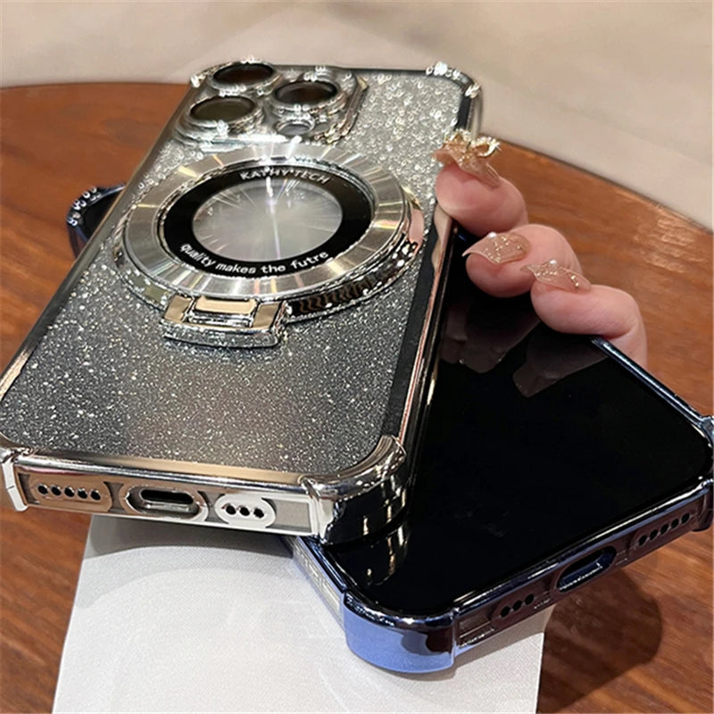 Luxury Plating Magsafe Magnetic Holder Stand Phone Case For iPhone 11 12 13 14 15 16 Pro Max Bumper Protector On 15 Plus Cover