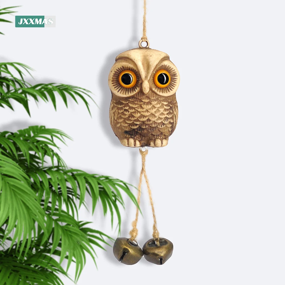 Garden Decor Owl Pendant Statue Scarecrow Fake Animals Bird Repellent Hanging Metal Bells Lawn Courtyard Balcony Wind Chime Home