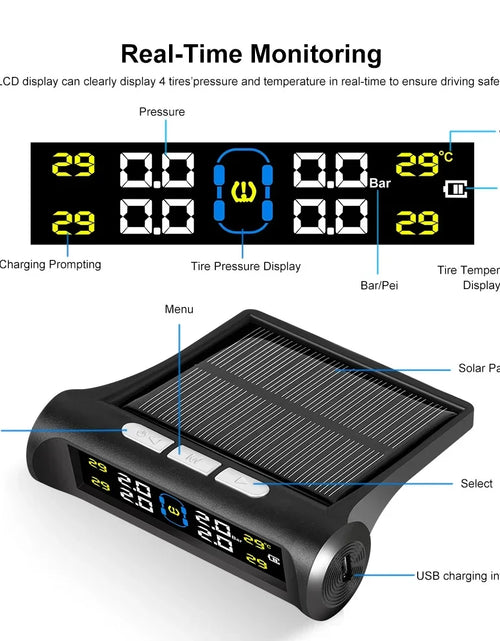 Load image into Gallery viewer, Intelligent TPMS Solar Tyre Pressure Monitoring System Parking Sensors For Cars Temperature Tire Air Pressure Gauge
