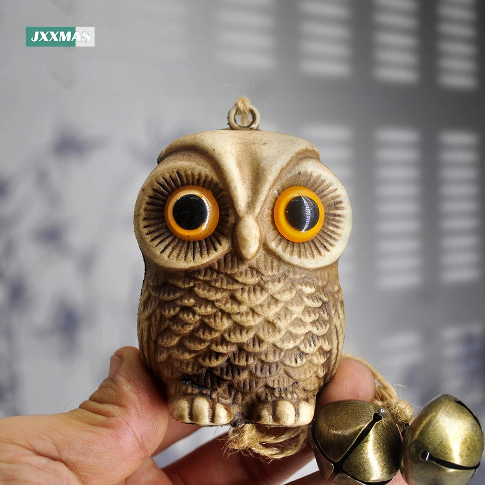 Garden Decor Owl Pendant Statue Scarecrow Fake Animals Bird Repellent Hanging Metal Bells Lawn Courtyard Balcony Wind Chime Home