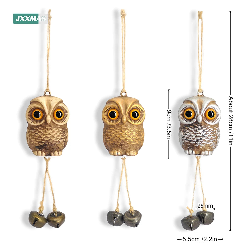 Garden Decor Owl Pendant Statue Scarecrow Fake Animals Bird Repellent Hanging Metal Bells Lawn Courtyard Balcony Wind Chime Home