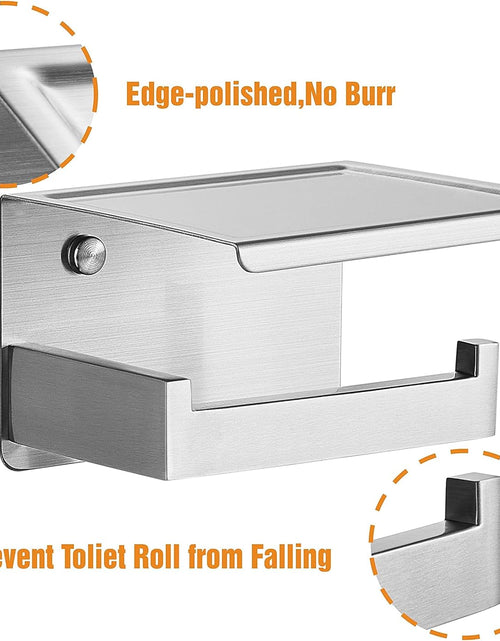 Load image into Gallery viewer, Brushed Nickel Toilet Paper Holder, Stick on Silver Toilet Paper Holder with Shelf, Self Adhesive No Drill or Wall-Mount with Screws for Bathroom
